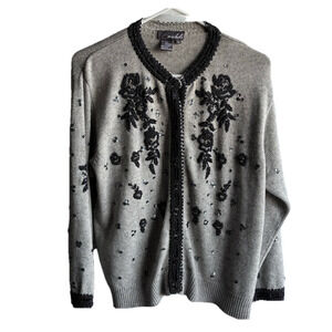 Vintage 85% Silk/15%Cashmere Floral beading/sequin Gray Cardigan Sweater